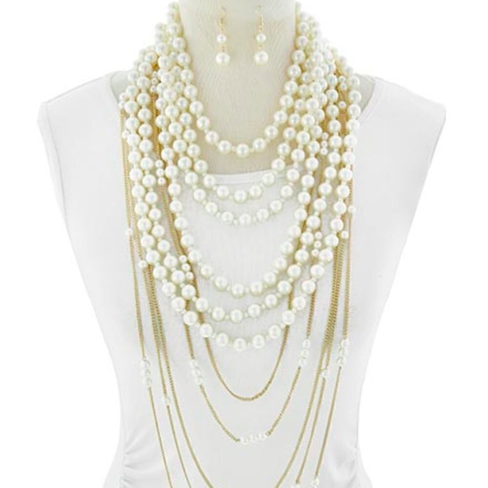 Lightweight Statement Multi Layered Strands Of Faux Pearls In Gold Tone Necklace